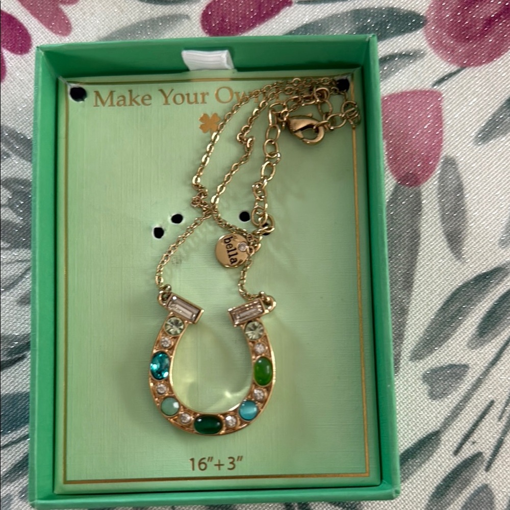 Gold Horseshoe Necklace with Multicolor Stones